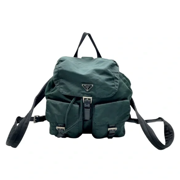 PRADA Vela Double Front Pockets Nylon Backpack Green COA & Dust Bag Medium - Picture 3 of 16